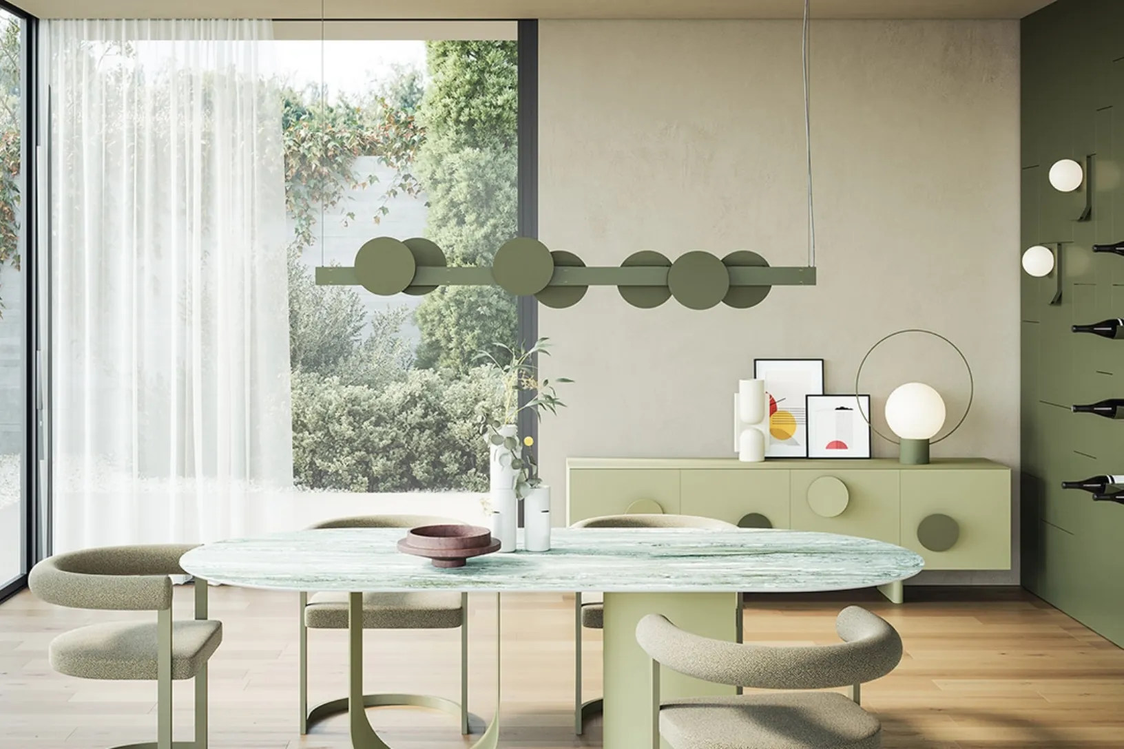 Lampada a sospensione Sundown composta da una barra in metallo verniciato ed elementi magnetici decorativi in metallo di Ronda Design