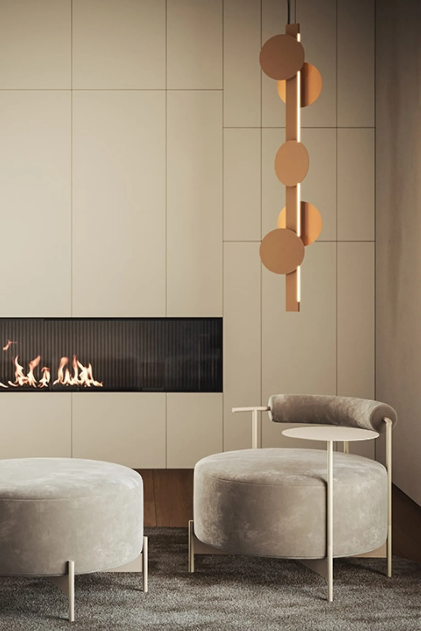 Lampada a sospensione Sundown composta da una barra in metallo verniciato ed elementi magnetici decorativi liberamente posizionabili di Ronda Design