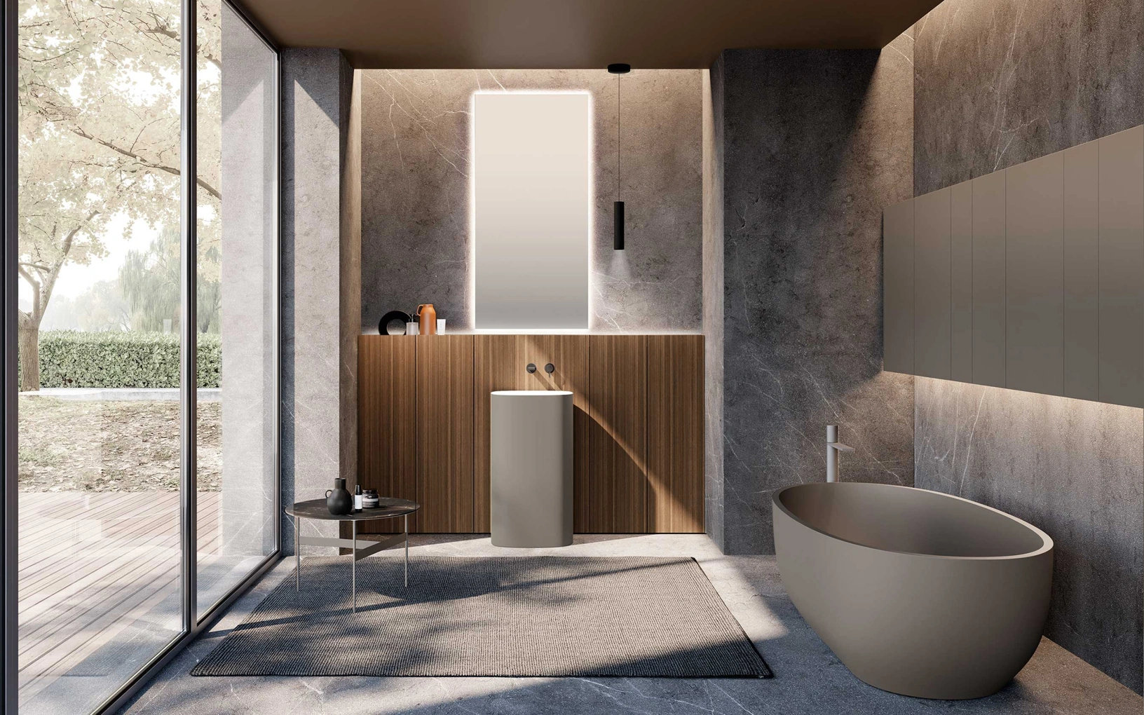 Mobile da Bagno M2 System 232 in legno impiallacciato di Eucalipto e lavabo laccato di Baxar