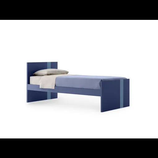 Letto singolo Lila in melaminico Blu con striscia Azzurra sulla testiera e sulla pediera di Nidi
