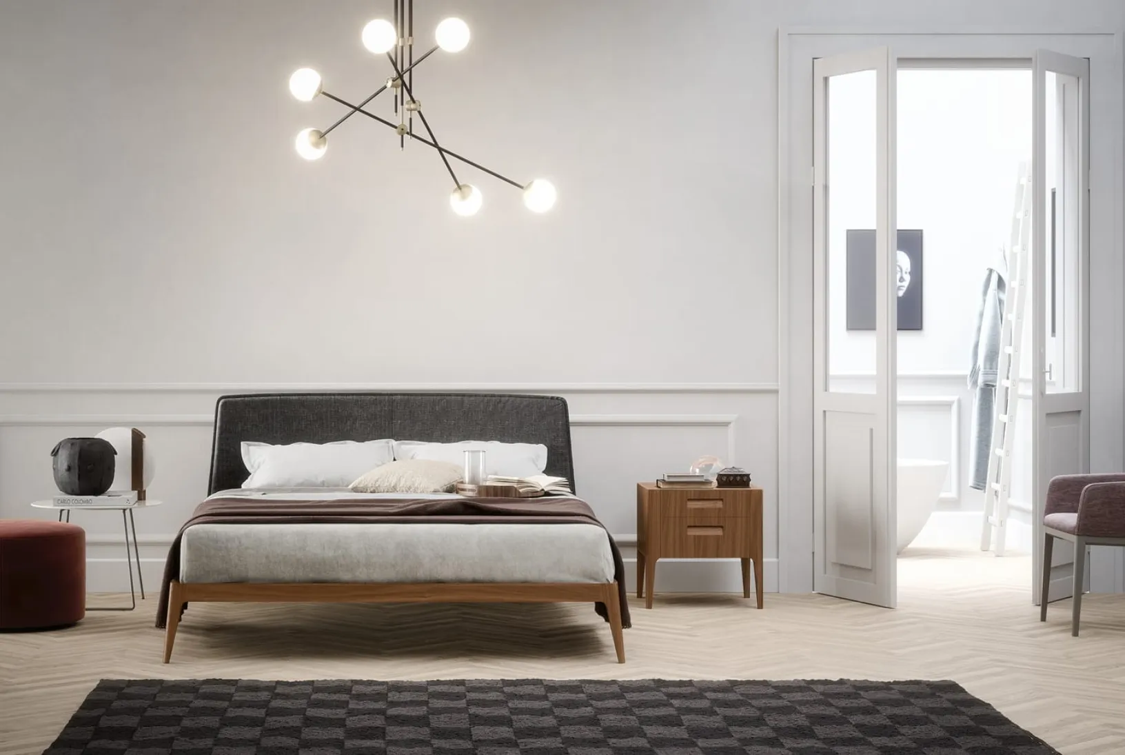 Letto in legno impiallacciato con testiera rivestita in tessuto Siri di Novamobili