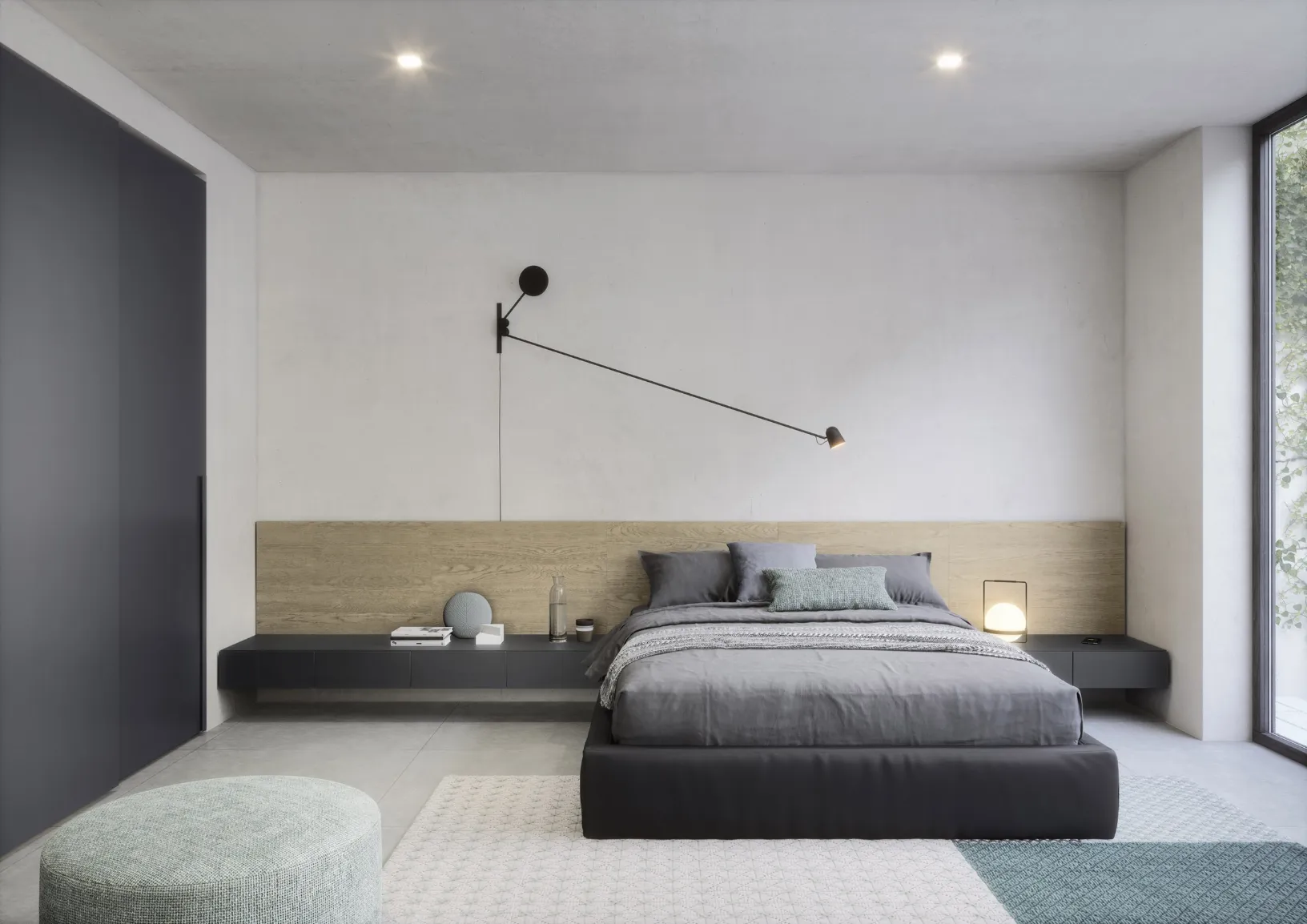 Letto Testiera Space in legno di Rovere chiaro impiallacciato e giroletto in tessuto di Novamobili