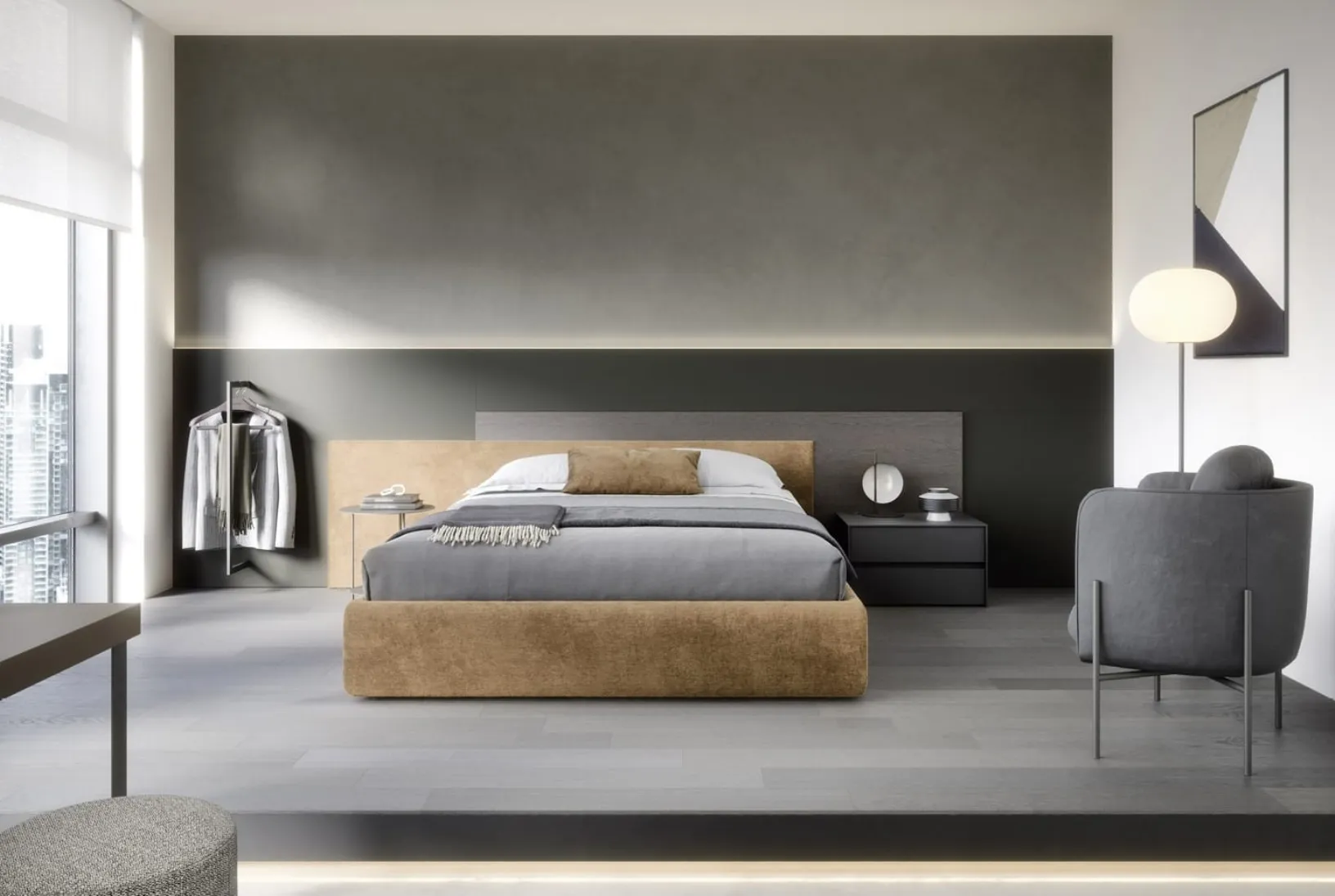 Letto con contenitore Testiera Time in tessuto imbottito e legno di Novamobili