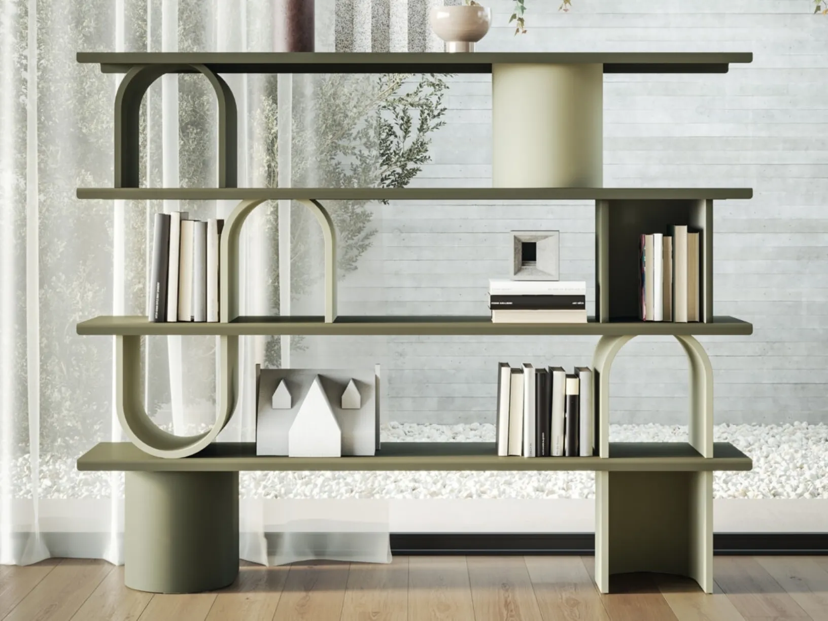 Libreria divisoria Libera Round in legno laccato con ripiani in metallo di Ronda Design